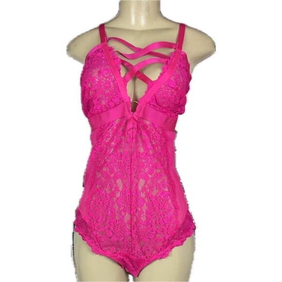Torrid +3 Pink Sheer Mesh Lace Caged Neckline & Back Adjustable Strap Bodysuit - Picture 2 of 6